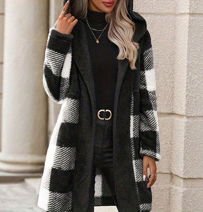 Plaid Pattern Open Front Fuzzy Coat, Elegant Long Sleeve Hooded Warm Outerwear For Fall & Winter, Women's Clothing