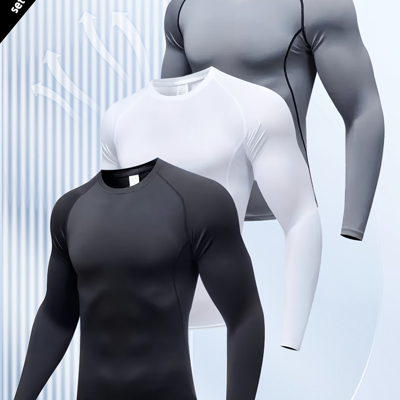 3pcs Men's Athletic Compression Long Sleeve Tops - Quick Dry, Moisture-Wicking & Breathable, High Stretch for Running, Yoga & Outdoor Activities, Casual, Sweat-wicking, Movement Style, Going Out Occasion, Leisure Outing Occas