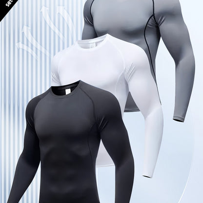 3pcs Men's Athletic Compression Long Sleeve Tops - Quick Dry, Moisture-Wicking & Breathable, High Stretch for Running, Yoga & Outdoor Activities, Casual, Sweat-wicking, Movement Style, Going Out Occasion, Leisure Outing Occas