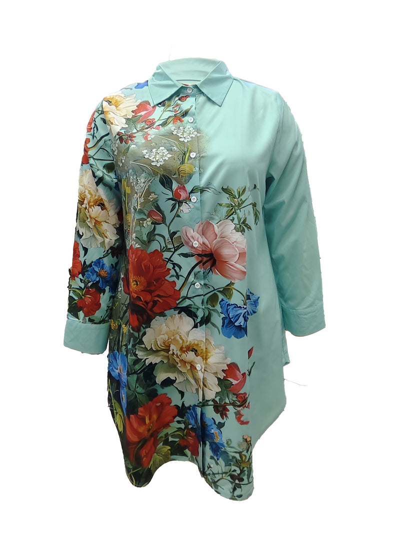 Plus Size - Elegant Floral Print Maxi Dress with Long Sleeves - Blue & White Floral Design, Button-Up Front, Casual Style for Women, All-Season Wear, Casual Summer Dress | Floral Print Dress | Nonstretch Fabric