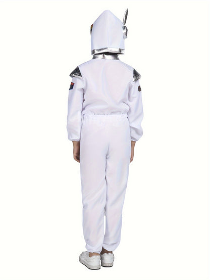 Boy's Cartoon Astronaut Cosplay Costume, Halloween Dress Up One-piece Jumpsuit & Hat, Kid's Dress Up Outfit For Carnival Party Performance