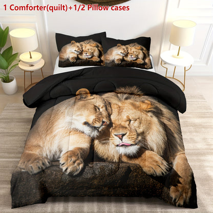 Lion Duvet Cover Set - 2/3 Piece Polyester Comforter with Stain Resistant Feature, Machine Washable, Digital Print, Woven Fabric, Includes 1 Comforter and 1/2 Pillowcases (No Insert)