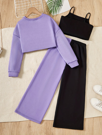 Conjunto para niña: camisola con estampado de corazones, top de manga larga y pantalón de exterior con bloques de color. Conjunto informal de 3 piezas para primavera y otoño. Regalo.