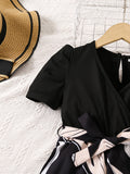 Girls' Stylish & Chic Puff Sleeve Belted Jumpsuit For Spring & Summer, Girls' Clothes