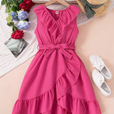 HWMFSNHFZ Elegant Girls Solid Ruffle Trim Sleeveless Belted Dress Summer Clothes Party