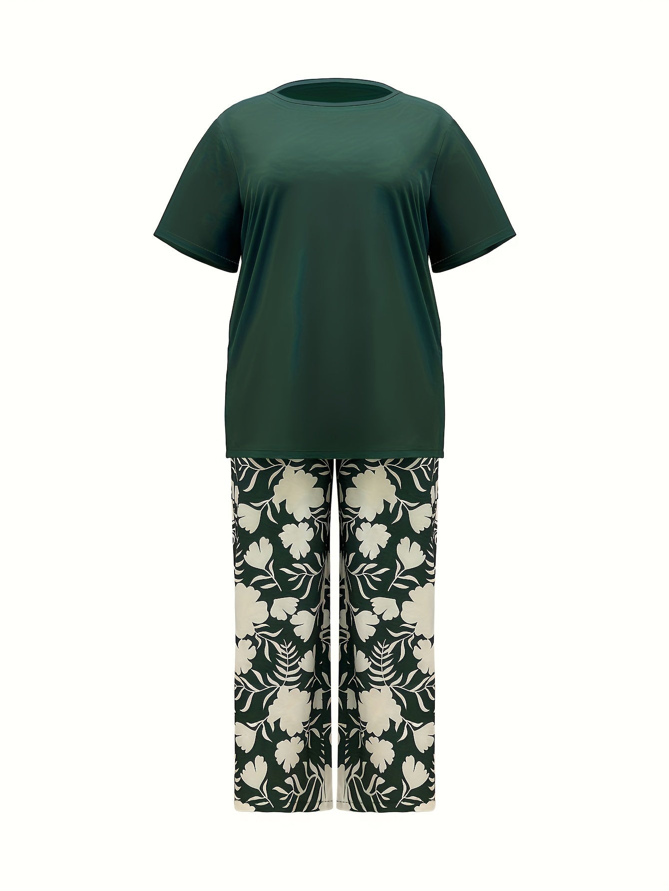 Plus Size Elegant Two-piece Set, Solid Crew Neck Short Sleeve Top & Floral Print Pants Outfits, Women's Plus Size Clothing