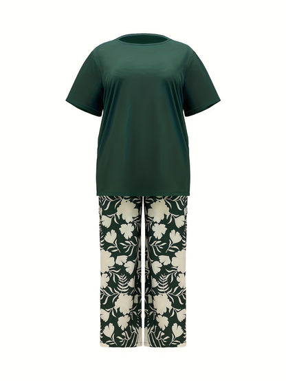 Plus Size Elegant Two-piece Set, Solid Crew Neck Short Sleeve Top & Floral Print Pants Outfits, Women's Plus Size Clothing