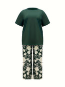 Plus Size Elegant Two-piece Set, Solid Crew Neck Short Sleeve Top & Floral Print Pants Outfits, Women's Plus Size Clothing