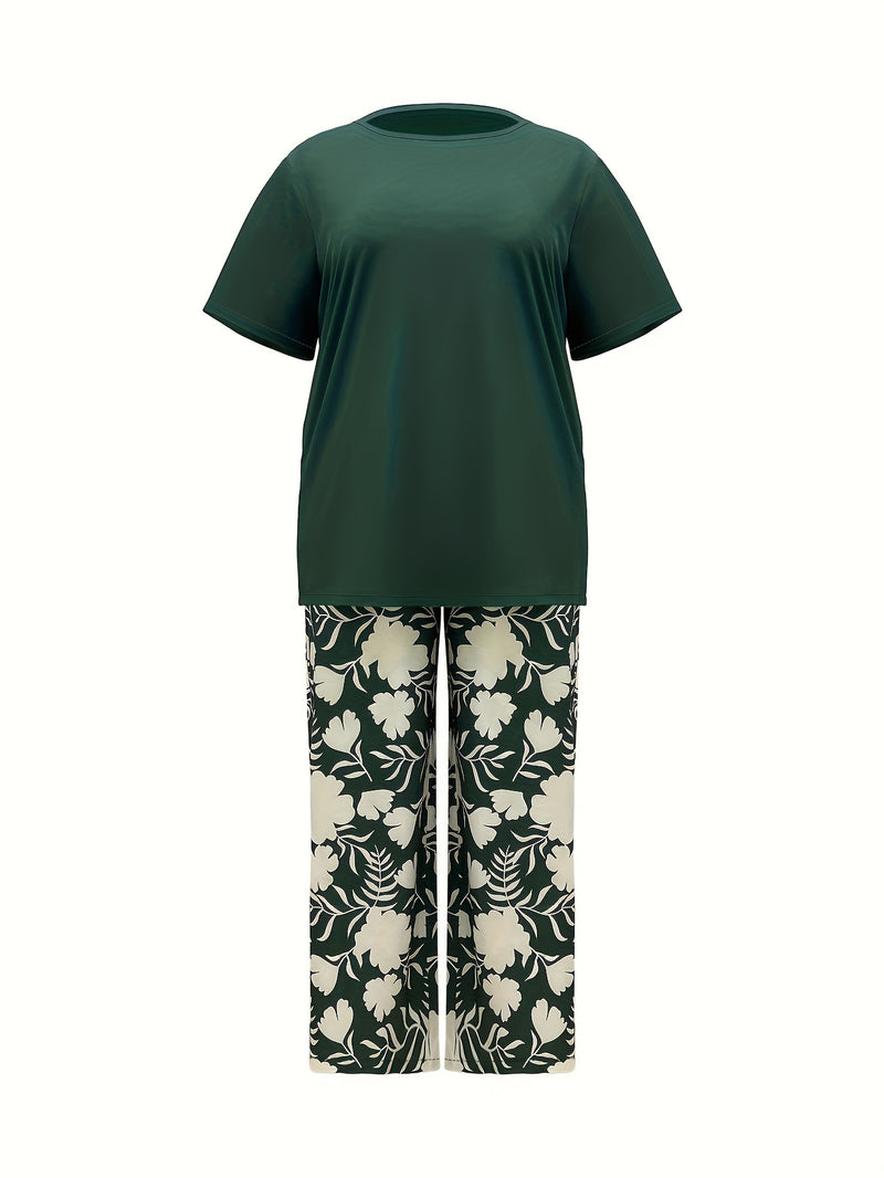 Plus Size Elegant Two-piece Set, Solid Crew Neck Short Sleeve Top & Floral Print Pants Outfits, Women's Plus Size Clothing