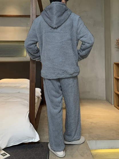 1set Men'S Casual Fleece Pajama Set - Cozy Flannel Loungewear with Hooded Long Sleeve Top and Loose Pants, Solid Color, Polyester, Knitted Fabric, with Pockets, Regular Fit for Autumn/Winter
