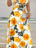 Floral Print Plunge Neck A-line Dress, Elegant Vacation Flutter Sleeve Maxi Length Dress For Spring &amp; Summer, Women's Clothing