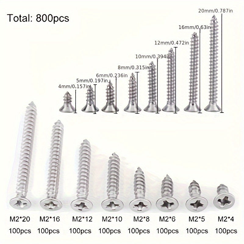 800pcs M2 Phillips Pan Head Self-Tapping Screws Nickel-Plated Carbon Steel 4mm 5mm 6mm 8mm 10mm 12mm 16mm 20mm Wood Screw Assortment Kit Lock Nuts Screw Fastener Sets (Flat Head)