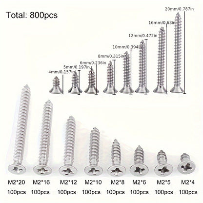 800pcs M2 Phillips Pan Head Self-Tapping Screws Nickle-Plated Carbon Steel 4mm 5mm 6mm 8mm 10mm 12mm 16mm 20 Mm Wood Screw Assortment Kit Lock Nuts Screw Fastener Sets (Flat Head)