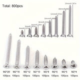 800pcs M2 Phillips Pan Head Self-Tapping Screws Nickel-Plated Carbon Steel 4mm 5mm 6mm 8mm 10mm 12mm 16mm 20mm Wood Screw Assortment Kit Lock Nuts Screw Fastener Sets (Flat Head)