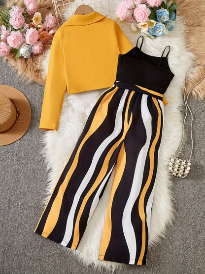 Conjunto de niña: Blazer corto de manga larga + camisola + mono de rayas. Incluye cinturón [patrón de rayas aleatorio] y ropa de exterior.