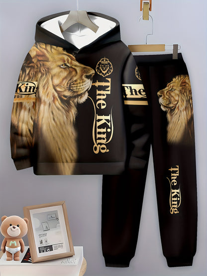 Boys' 3D Lion Print Hoodie &amp; Joggers Set - Casual, Comfy Polyester Outfit for Spring/Fall, Perfect for Outdoor