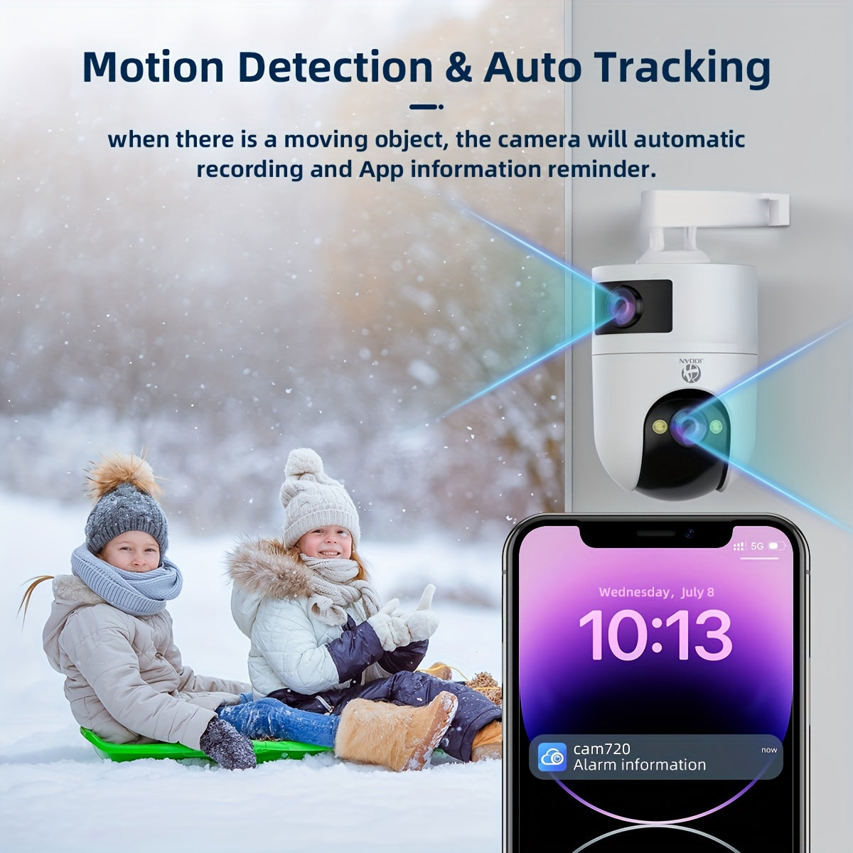 JOOAN 4K Outdoor Dual Lens PTZ WiFi Camera, 5G Compatible, Wall Hanging, 1296p Video, Two-Way Audio, HD Resolution, Application Control, Audio & Motion Alerts, Color Display, USB Power, without Battery, for Security Monitorin