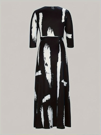 Vestido largo con estampado de pinceles, talla grande, elegante vestido con cuello en V para primavera, ropa de talla grande para mujer.