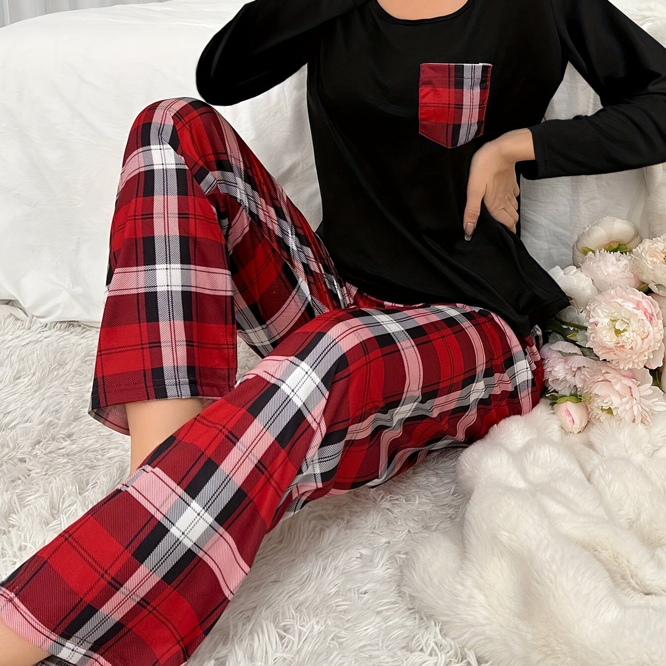 Autumn and Winter Ladies' Pajamas with Long Sleeves and Pants, Tops with Pockets, Plaid Pants, Trousers with Plaid and Printed Patterns, Spring, Summer, Autumn and Winter Casual Home Clothes Set