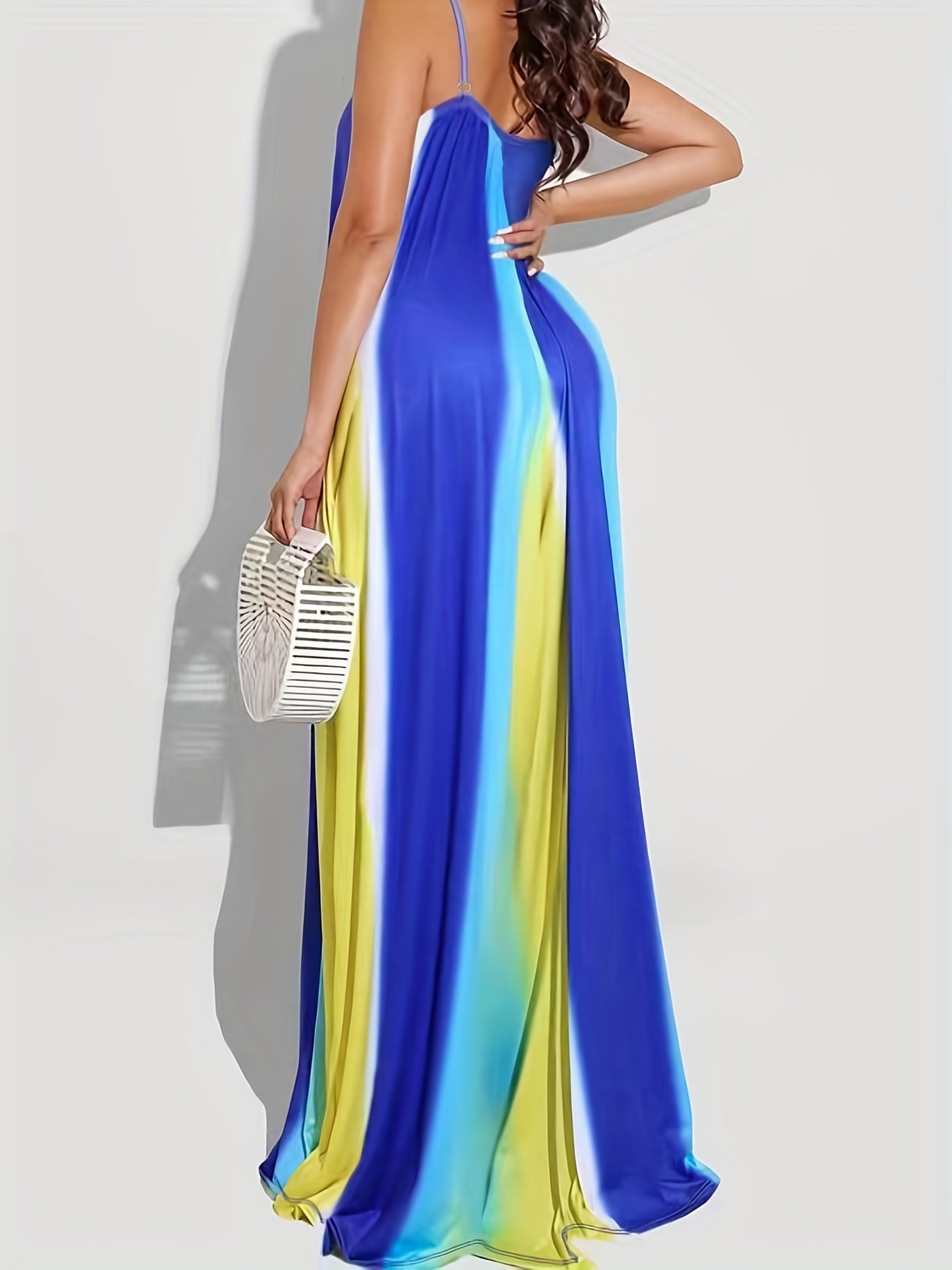 Vestido largo holgado con escote en V y efecto tie-dye, talla grande, elegante, ligeramente elástico, para mujer.