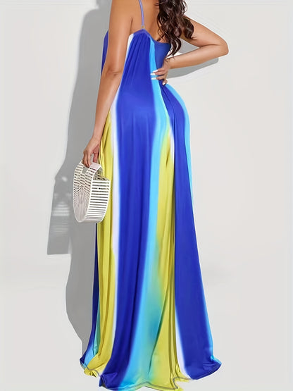Vestido largo holgado con escote en V y efecto tie-dye, talla grande, elegante, ligeramente elástico, para mujer.