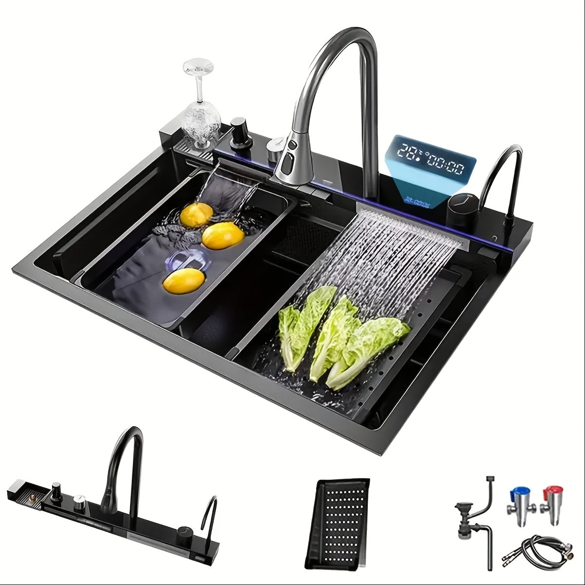 Modern Black Stainless Steel Kitchen Sink with Digital Display - Large Single Bowl, Multi-Purpose Design, Includes Faucet & Accessories, 26.7" (68x45x22cm)