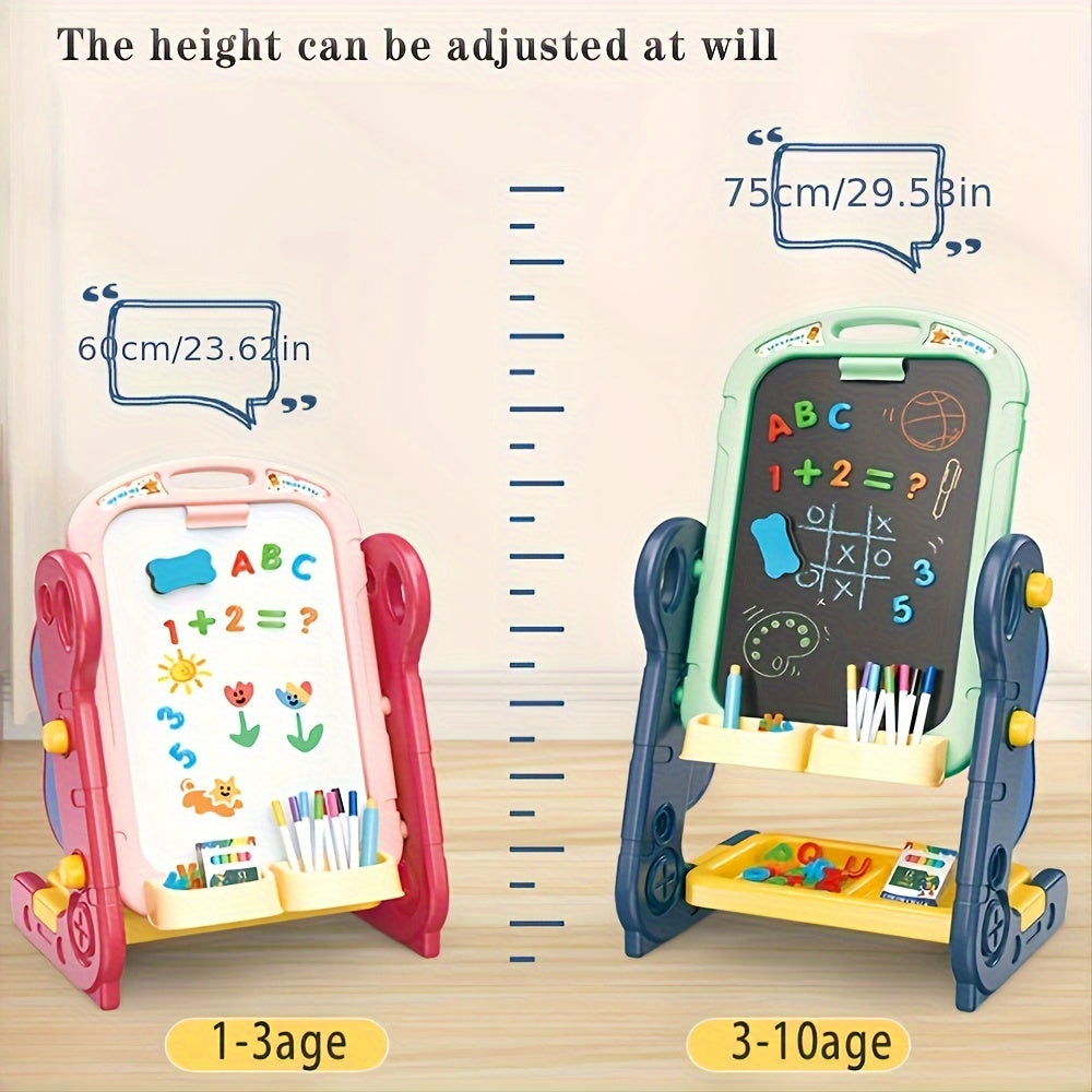 Pizarra magnética 3 en 1 para niños: altura ajustable, doble cara blanca y negra con alfabeto, números, rotuladores y tiza. Caballete creativo y educativo para el aprendizaje temprano.