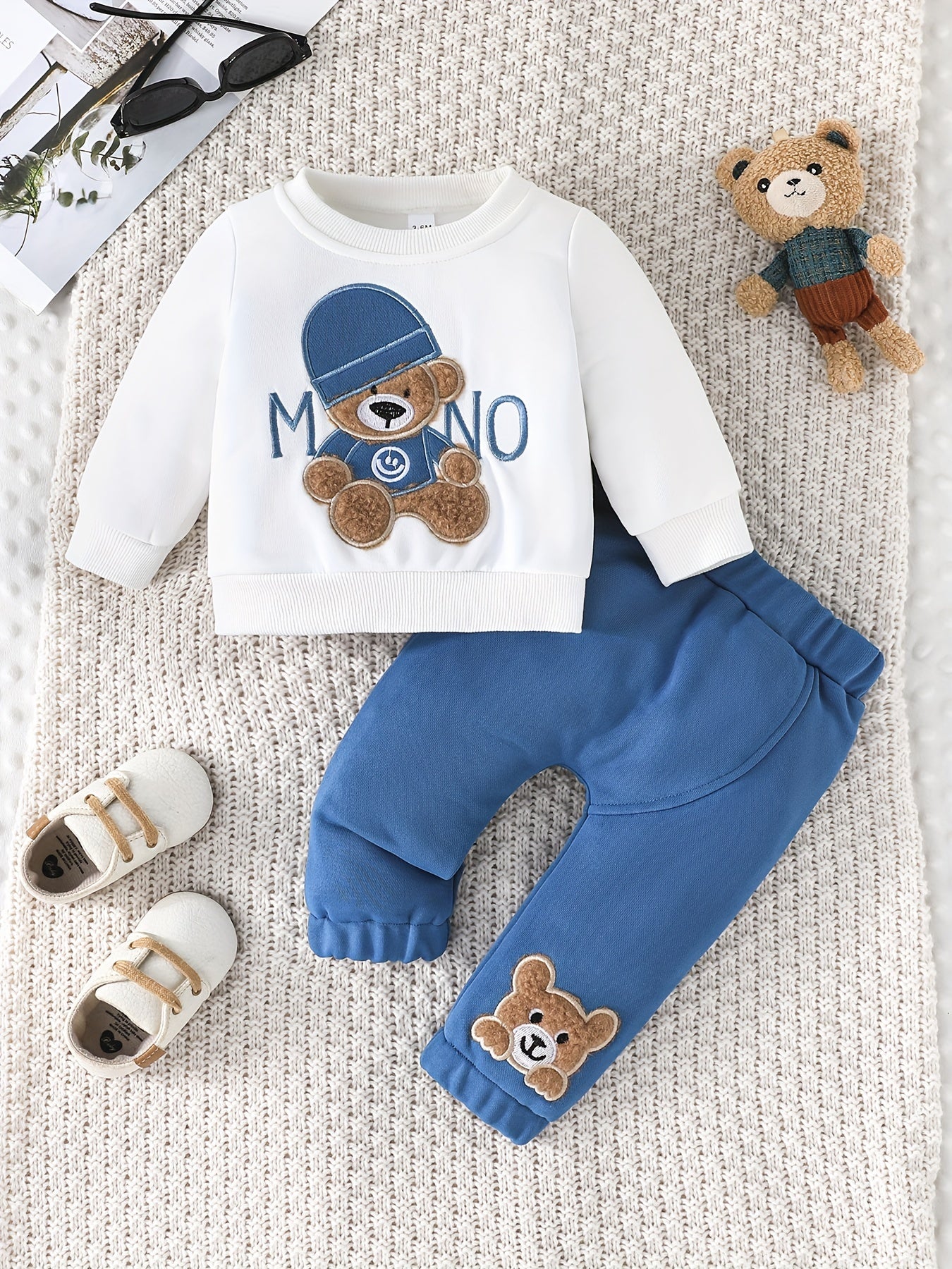 Infant Baby Spring & Autumn Cute Little Bear Print Sweatshirt Set, Long Sleeve Round Neck Top + Trouser Outdoor Clothes Set