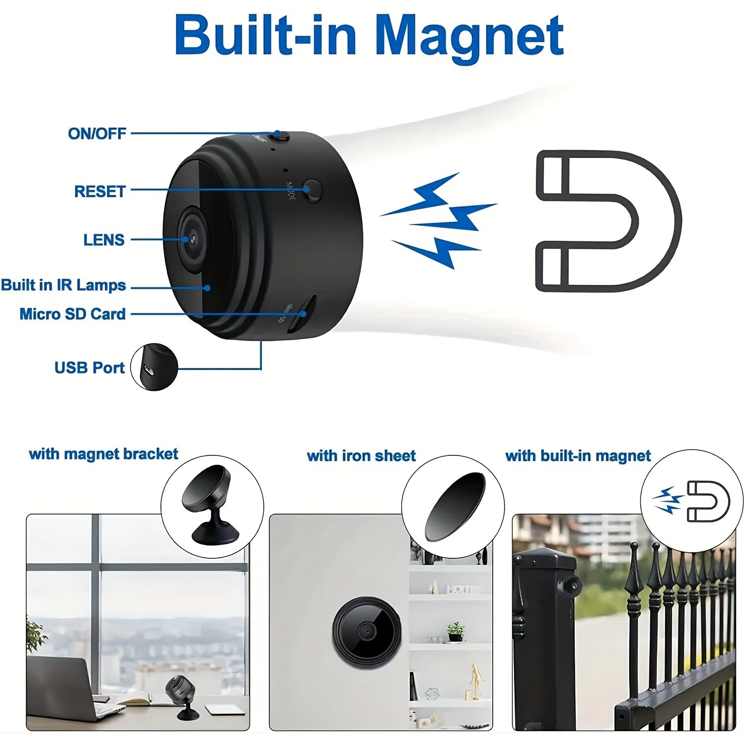 Minicámara de vigilancia inalámbrica con tapa trasera magnética, captura de video de 480p, batería recargable de polímero de litio, alimentación por USB/batería, Wi-Fi para monitoreo en casa, oficina y auto (blanco y negro)