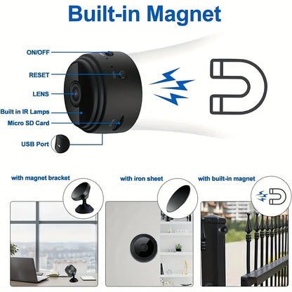 Wireless Mini Surveillance Camera with Magnetic Rear Cover, 480p Video Capture, Rechargeable Lithium Polymer Battery, USB/Battery Powered, Wi-Fi Enabled for Home, Office, Car Monitoring - Black and White
