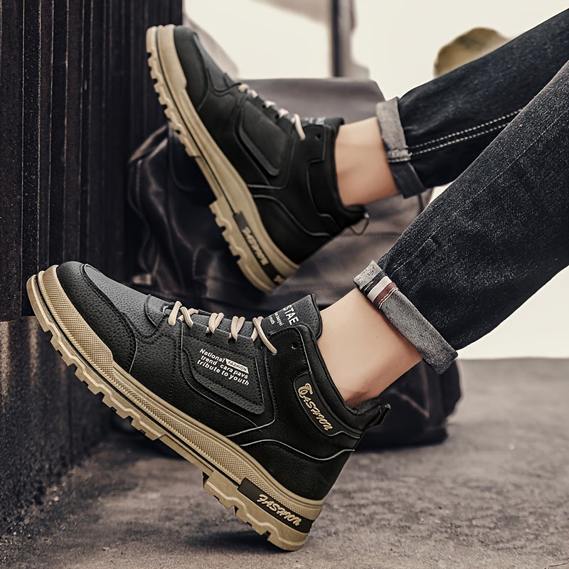 Zapatillas de skate de caña alta para hombre, antideslizantes y duraderas, ideales para caminar por la calle, viajar y actividades informales | Zapatillas retro de piel sintética a la moda para hombre