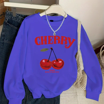 Girls' Vintage Cherry & Letter Print Casual Sweatshirt - Cozy Polyester, Round Neck, Long Sleeve for Fall/Winter