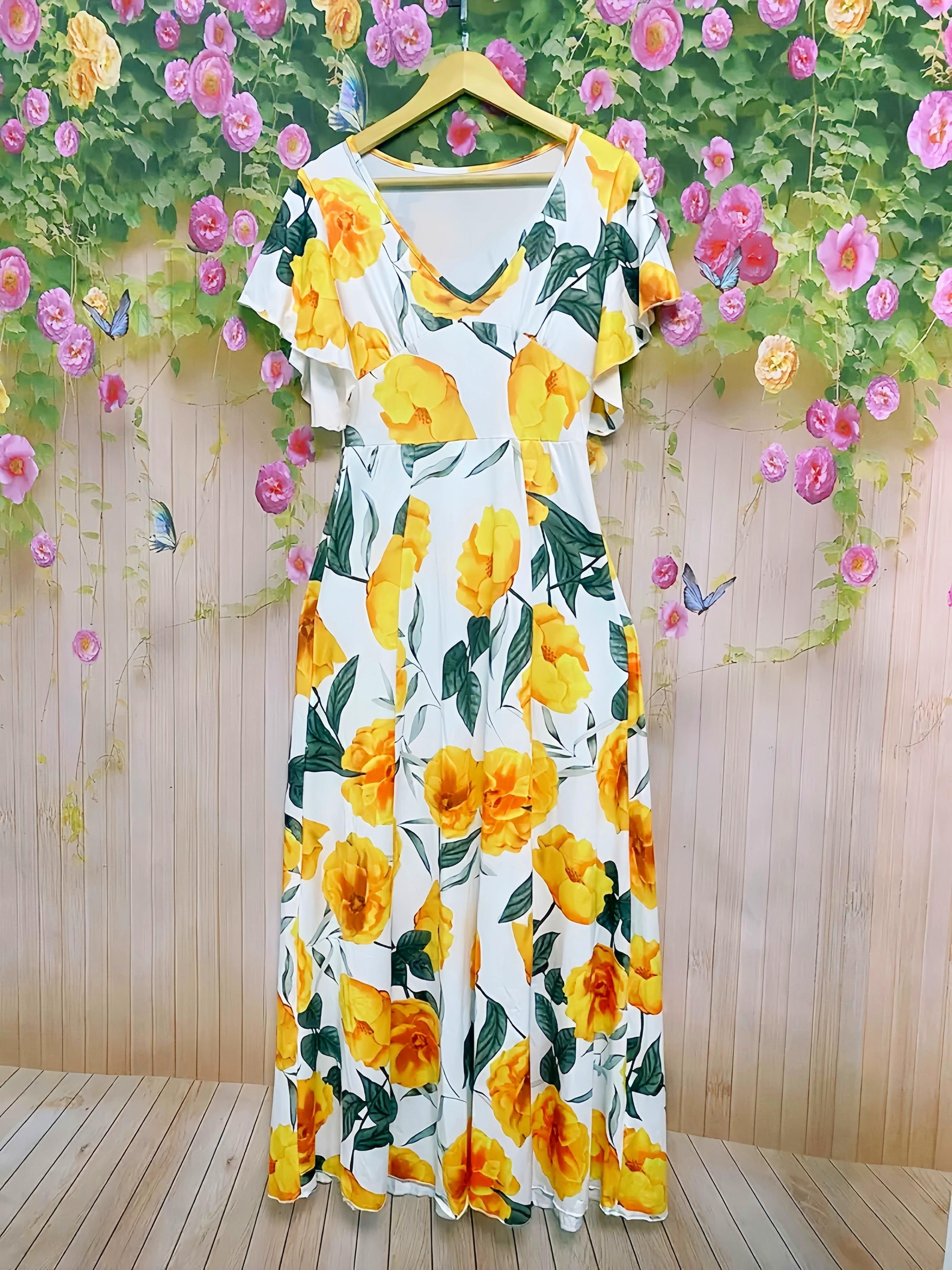 Floral Print Plunge Neck A-line Dress, Elegant Vacation Flutter Sleeve Maxi Length Dress For Spring &amp; Summer, Women's Clothing