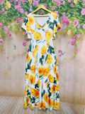 Floral Print Plunge Neck A-line Dress, Elegant Vacation Flutter Sleeve Maxi Length Dress For Spring &amp; Summer, Women's Clothing