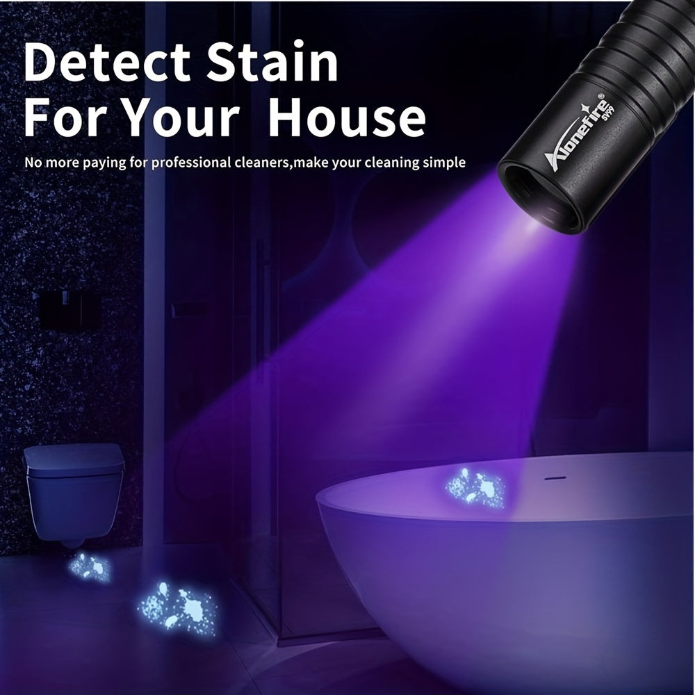 Mini linterna LED UV AloneFire: luz negra dual de 365 nm/395 nm, recargable por USB, linterna de bolsillo de alto brillo para tinta invisible, esmalte de uñas, manchas de mascotas y más.