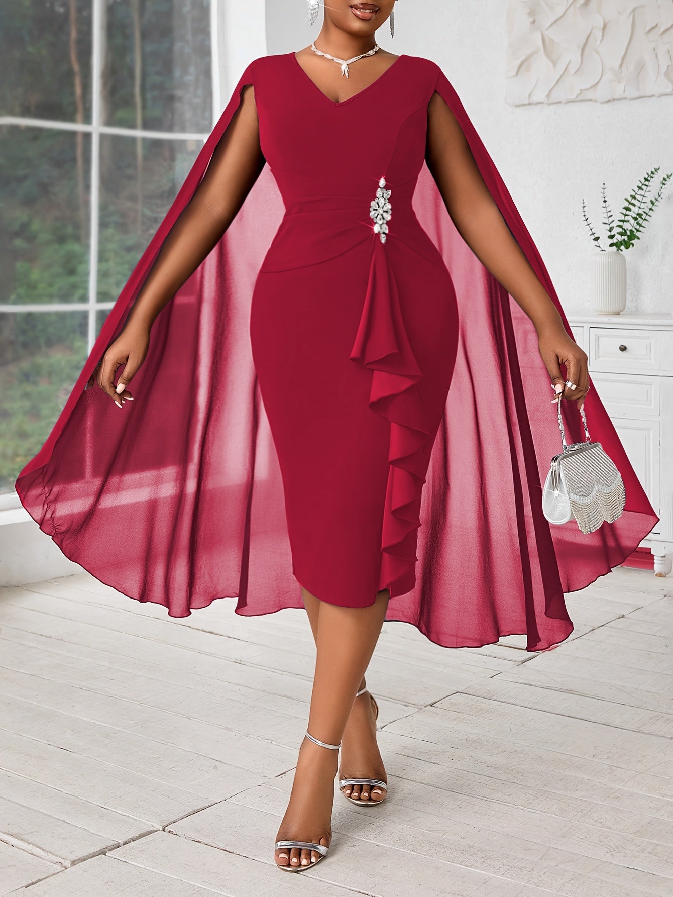 Plus Size, Women's Fashionable and Elegant Batwing Sleeve Mesh Splicing Plus Size Wrap Dress