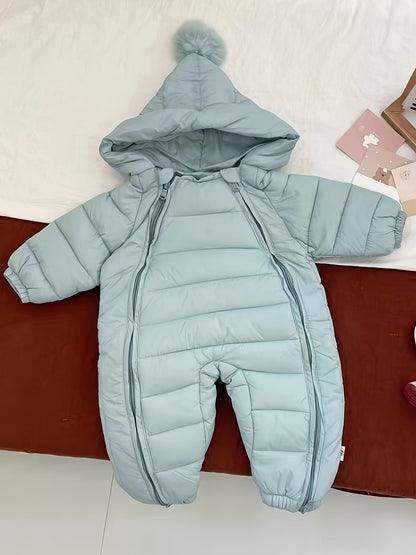 Infant's Winter Padded Onesie, Casual Hooded Coat With Pom-Pom, Zip-Front Warm Jumpsuit, Toddler & Infant's Outdoor Clothing