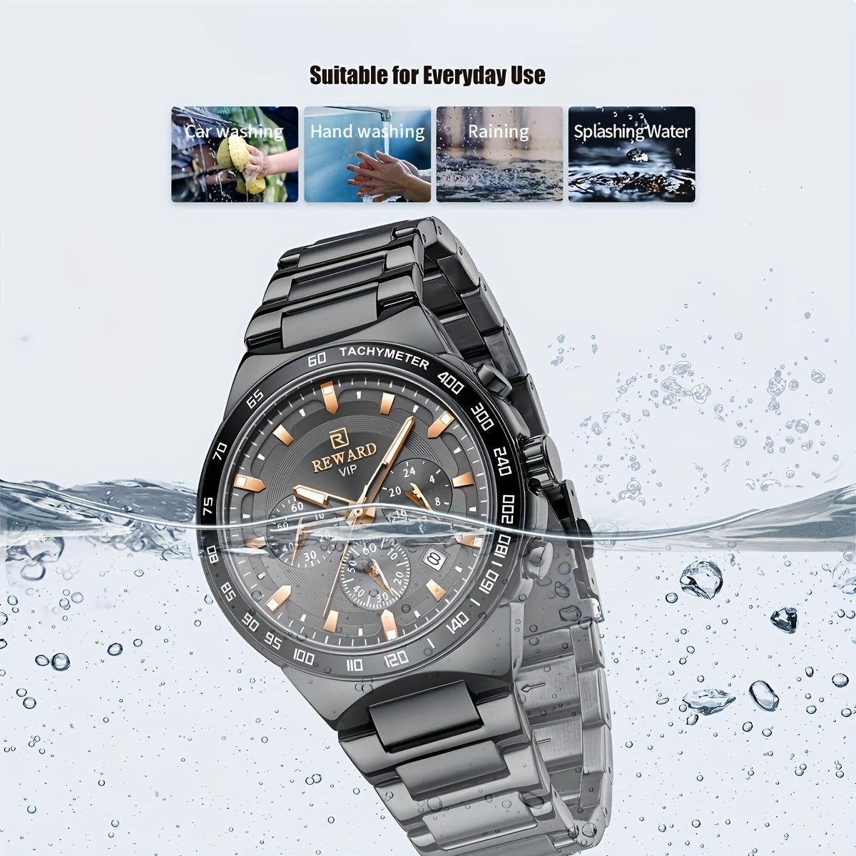 REWARD Black Quartz Watches For Men, Sport Chronograph Luminous Waterproof Wrist Watches