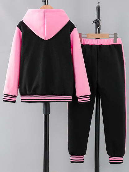 'NY' Letter Print Girl's Preppy Outfit, Color Block Hooded Varsity Jacket + Sweatpants Set Comfy Stylish 2-piece Girls Winter/ Fall Outdoor Clothes