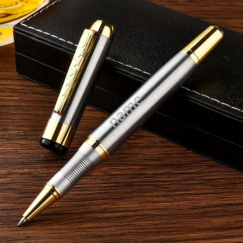 1pc Luxury Personalized Metal Ballpoint Pen Set with 2 Refills and Gift Box - Black & Silver, Engraved Name, Elegant Office and Business Men'S Gift
