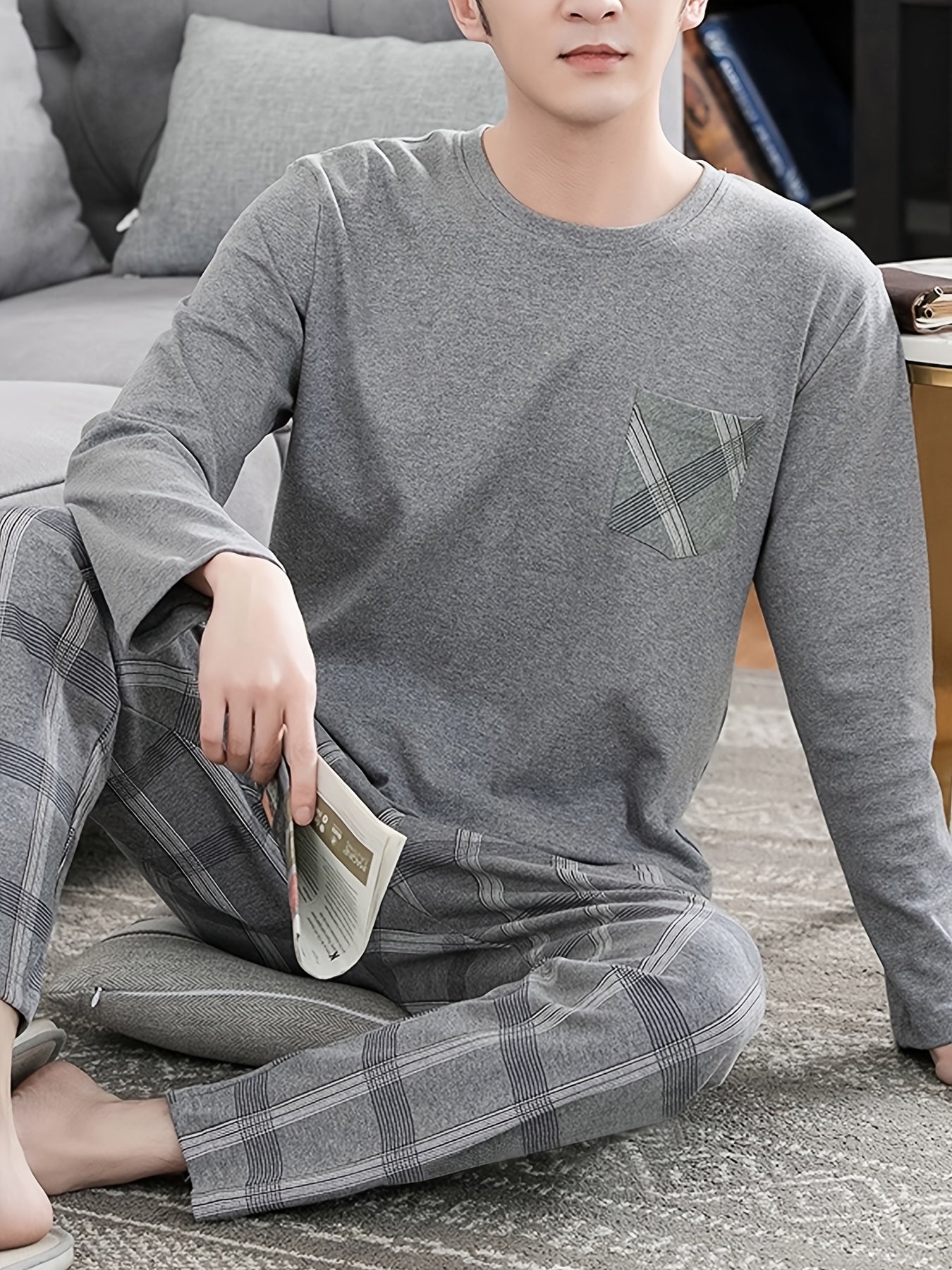 Men's Cozy Gray Long Sleeve Round Neck Top with Plaid Pants Pajama Set - Polyester, Machine Washable, Ideal for Home or Outdoor Wear