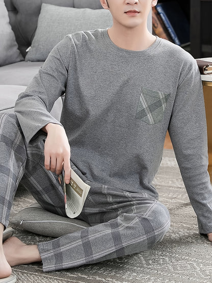 Men's Cozy Gray Long Sleeve Round Neck Top with Plaid Pants Pajama Set - Polyester, Machine Washable, Ideal for Home or Outdoor Wear