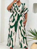 Plus Size, Women's Plus Size Batwing Sleeve Belted Print Jumpsuit