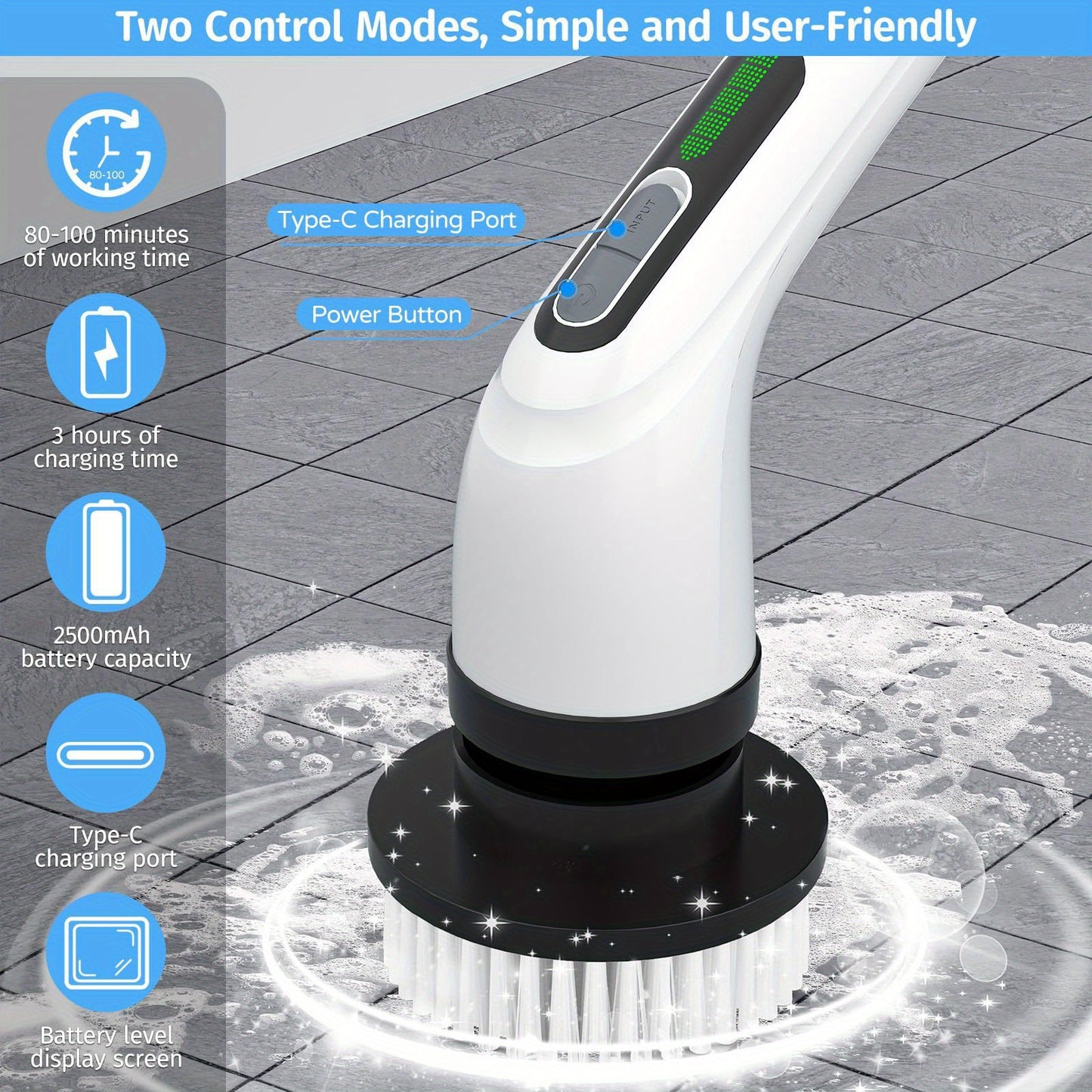 INSKAM 7-in-1 Cordless Electric Cleaning Brush Set, ABS Plastic, Hard Firmness, Rechargeable Lithium Battery, USB Charging, 2500mAh, 2 Speeds, Interchangeable Heads, Multi-Component Kit for Living Room, Bathroom, Outdoor, Flo