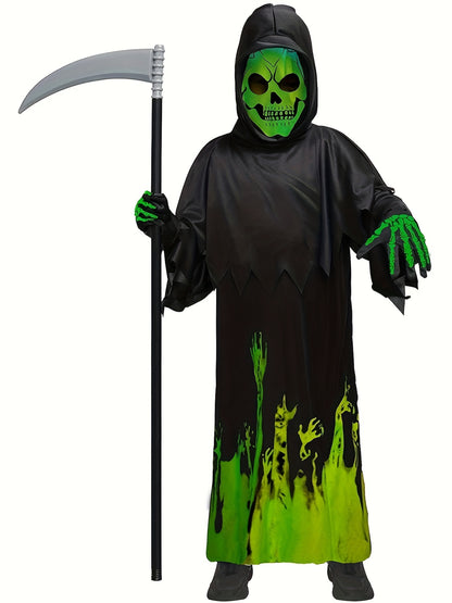 [Fast Arrival] 1pc Luminous Grim Reaper Costume for Kids - Halloween Party Storytelling, Role-Playing Performance Outfit with Hooded Jumpsuit, Gloves & Sickle, Polyester Material, Non-Transparent, Knitted Fabric, Solid Color,