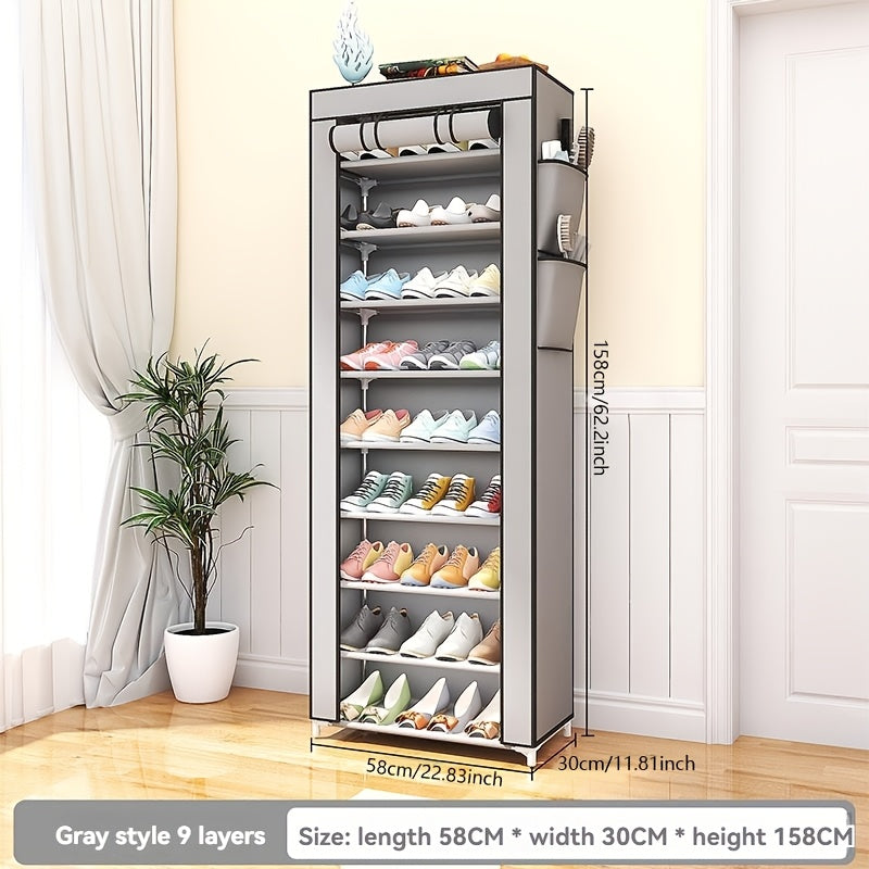 Sleek Style| Spacious Multi-Layer Dustproof Shoe Rack - Durable Stainless Steel & Cloth, Easy to Assemble, Large Capacity Organizer with Side Pockets for Bedroom & Dorm