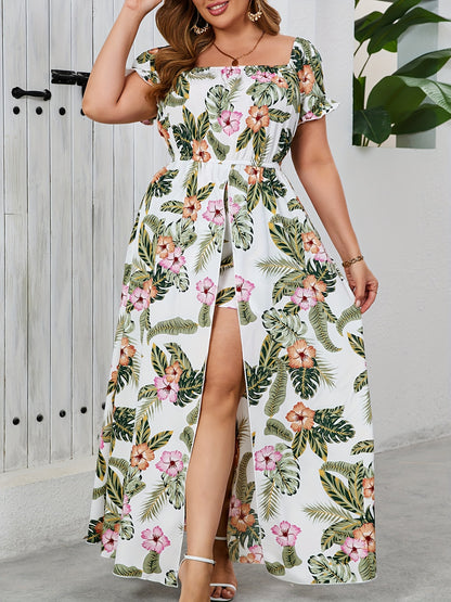 Women'S Plus Size Off-the-Shoulder Tropical Print Jumpsuit with Short Sleeves, Split Hem, and Floral Accents - Ideal for Beach, Vacation, and Summer Events, Beach Attire|Tropical Print Jumpsuit|Floral Accents, Beach Clothes