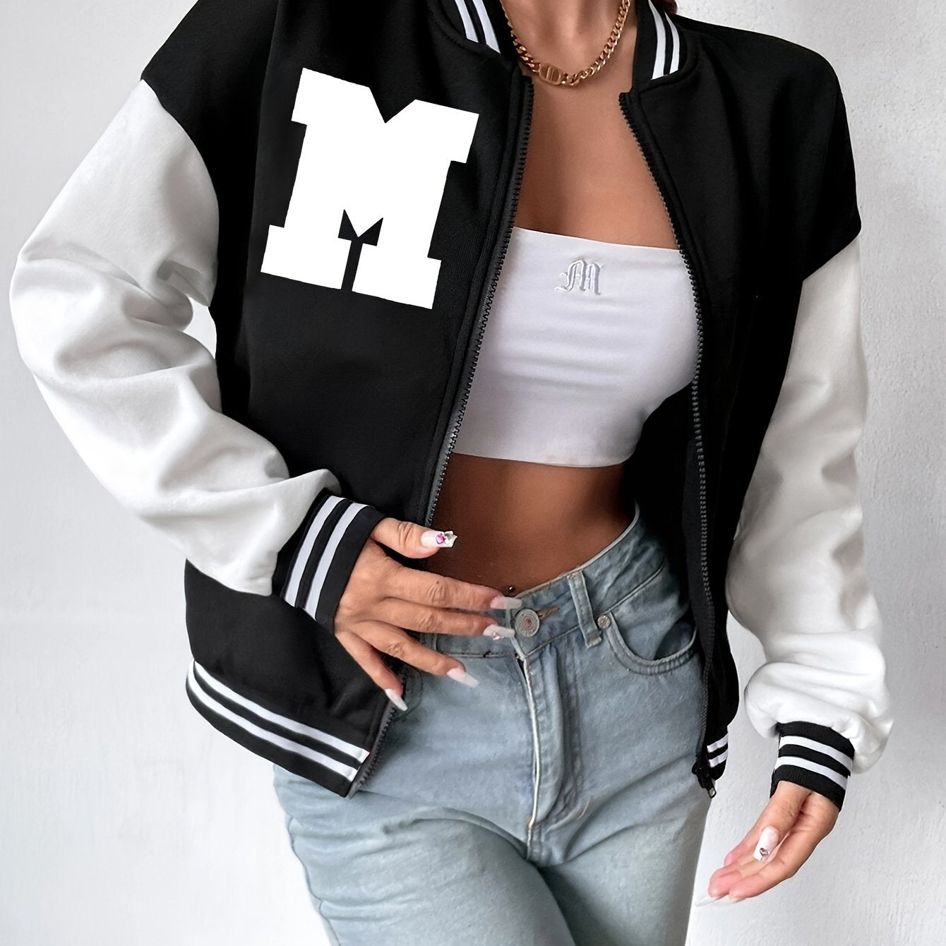 Letter Print Zipper Jacket, Stylish Long Sleeve Jacket For Fall & Winter, Women's Clothing
