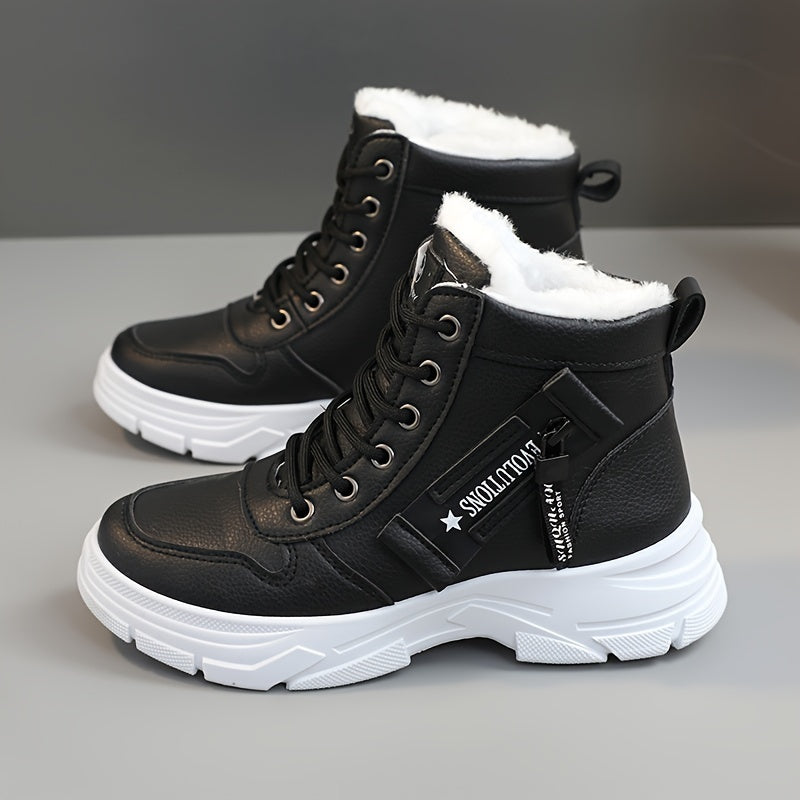 Women's Side Zipper Winter Thermal Snow Boots With Fleece Lining, Height Increased Thick-soled Platform Comfortable Lace-up Mid-tube Boots