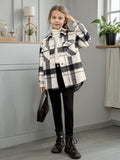 Girls Trendy & Stylish Long Sleeve Plaid Pattern Button Up Corduroy Coat With Pockets For Spring & Fall & Winter Outdoor Activities